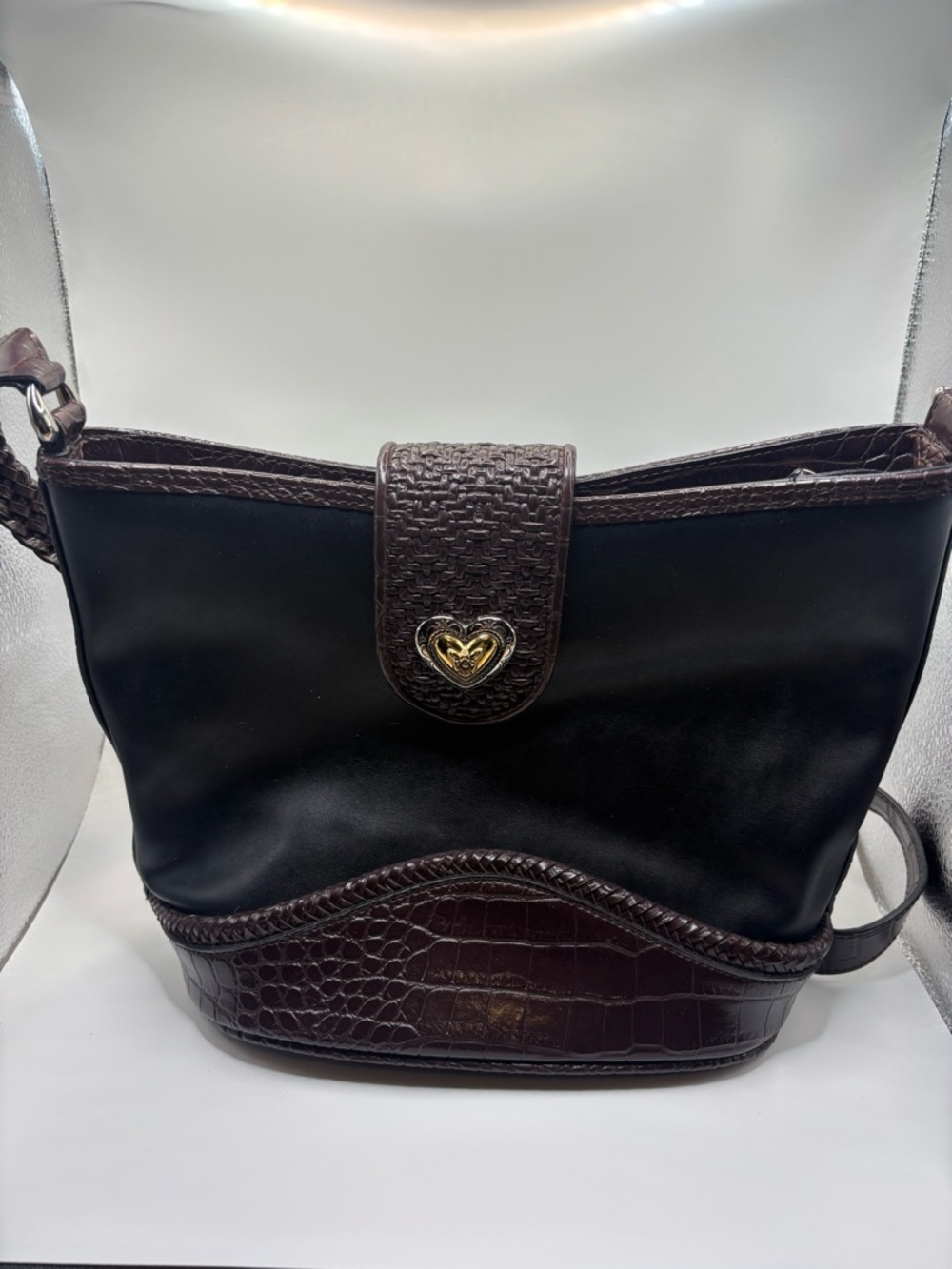 Coldwater Creek Black and Dark Brown Satchel with Gold Heart Accent with waller